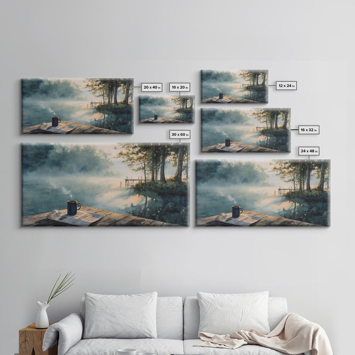 Morning Misty Lake With Coffee Cup Rustic Watercolor Painting Wall Art Framed Canvas Print