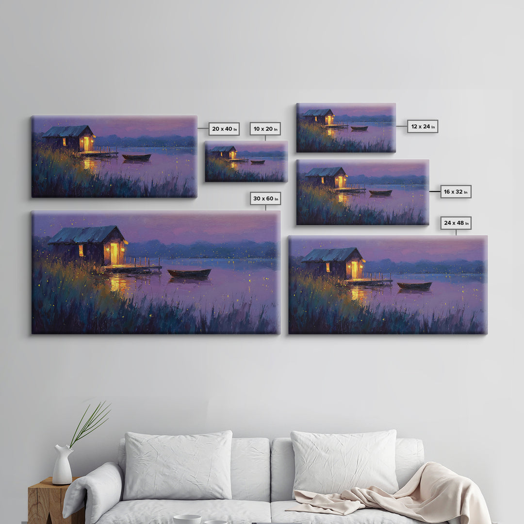 Romantic Evening Lakeside Cabin Oil Painting Wall Art With Fireflies Charming Landscape Decor
