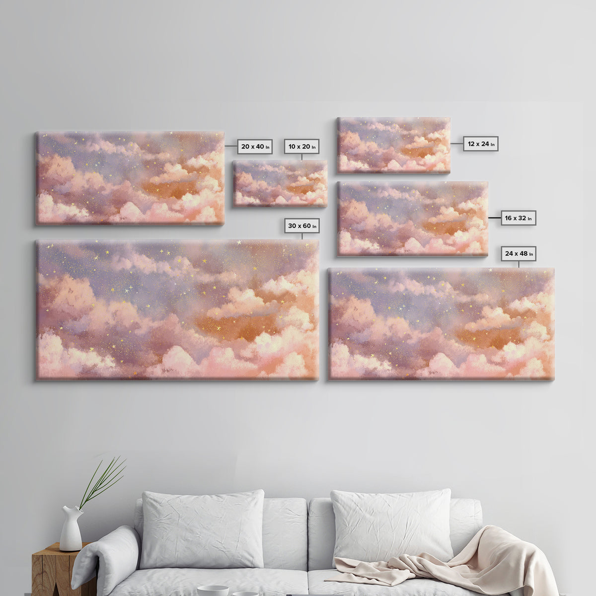 Pastel Celestial Clouds And Gold Stars Canvas Print, Dreamy Nursery Wall Art, Whimsical Decor, Bedroom Wall Decor, Gift For Her