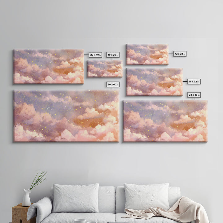 Pastel Celestial Clouds And Gold Stars Canvas Print, Dreamy Nursery Wall Art, Whimsical Decor, Bedroom Wall Decor, Gift For Her