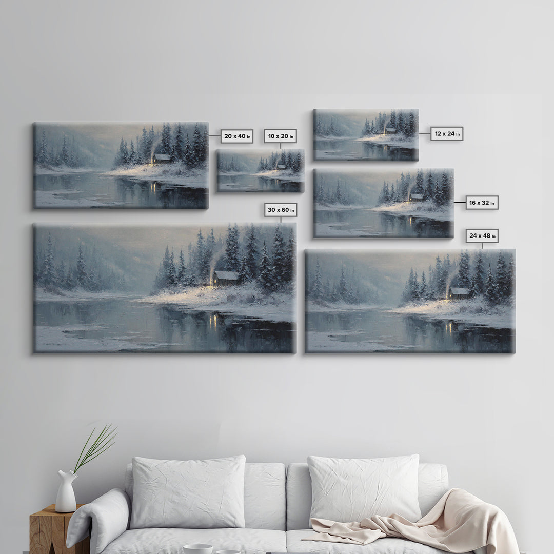 Cozy Cabin In Snow Winter Landscape Painting Oil On Canvas Framed Canvas Print For Home Decor