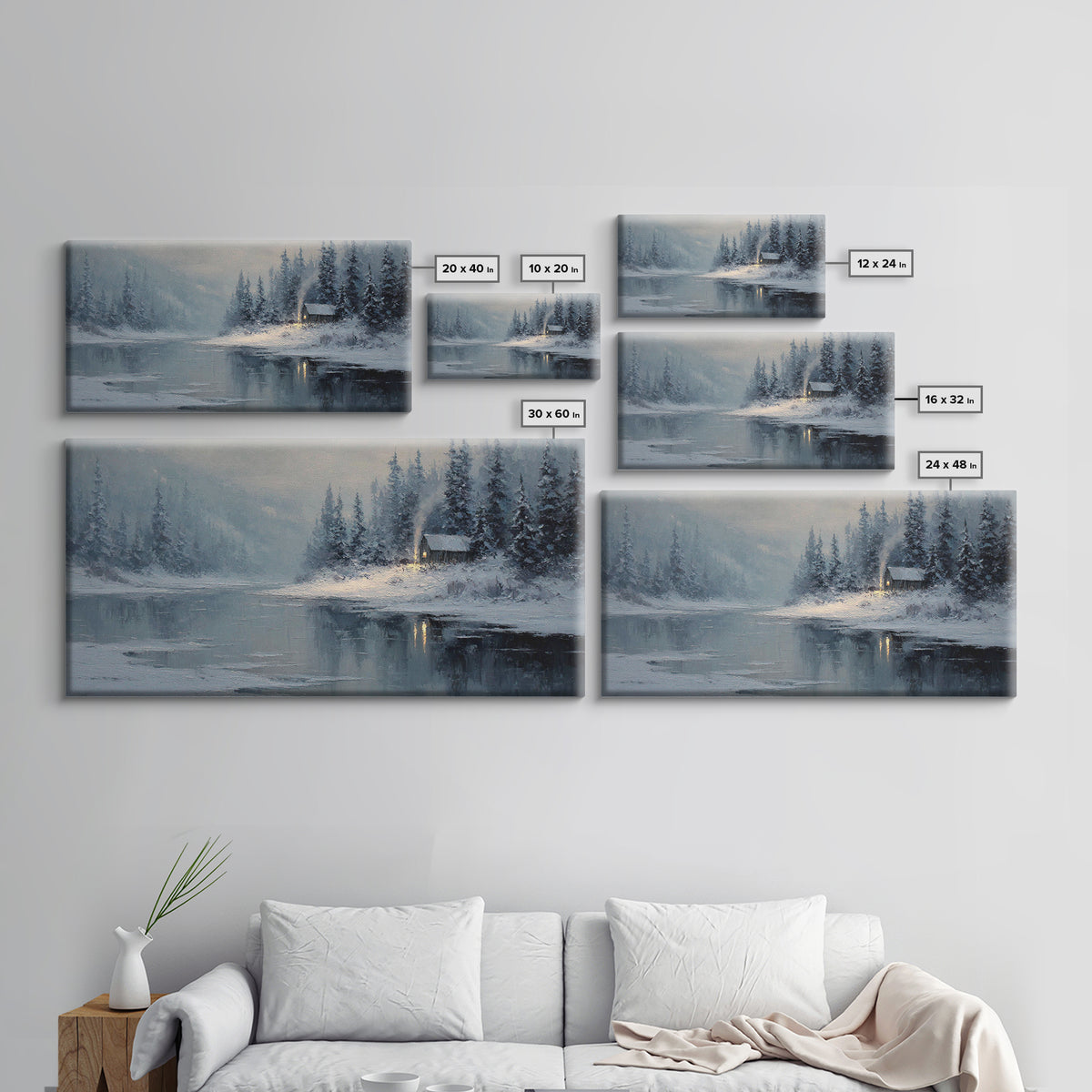 Cozy Cabin In Snow Winter Landscape Painting Oil On Canvas Framed Canvas Print For Home Decor