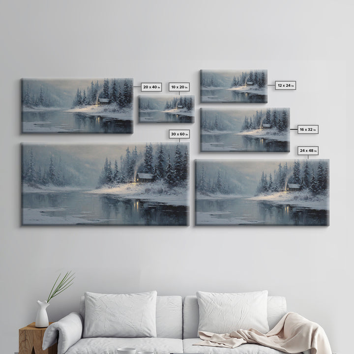 Cozy Cabin In Snow Winter Landscape Painting Oil On Canvas Framed Canvas Print For Home Decor