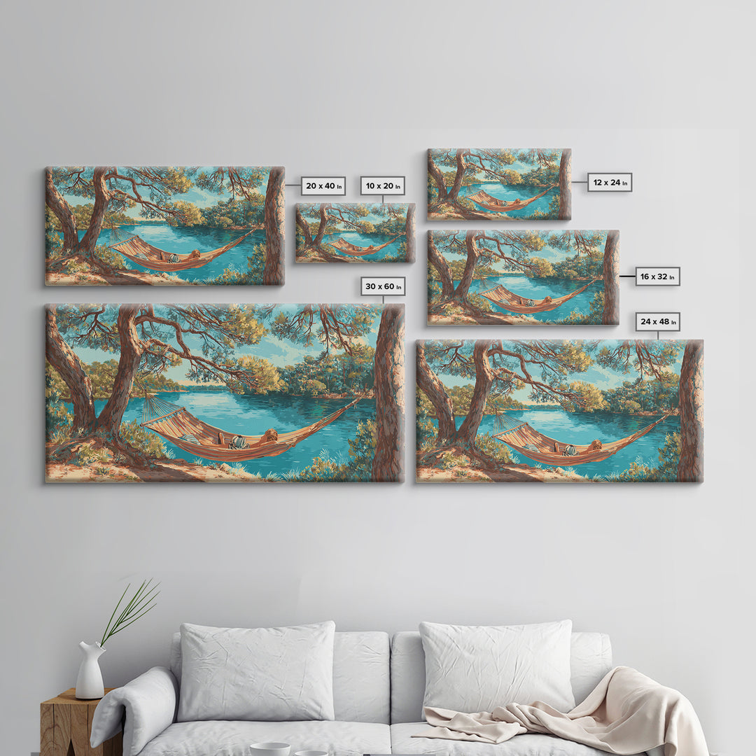 Relaxing Lake Scene With Hammock And Man Reading Wall Art Painting Canvas Print For Tranquil Bedroom Or Living Room Decor