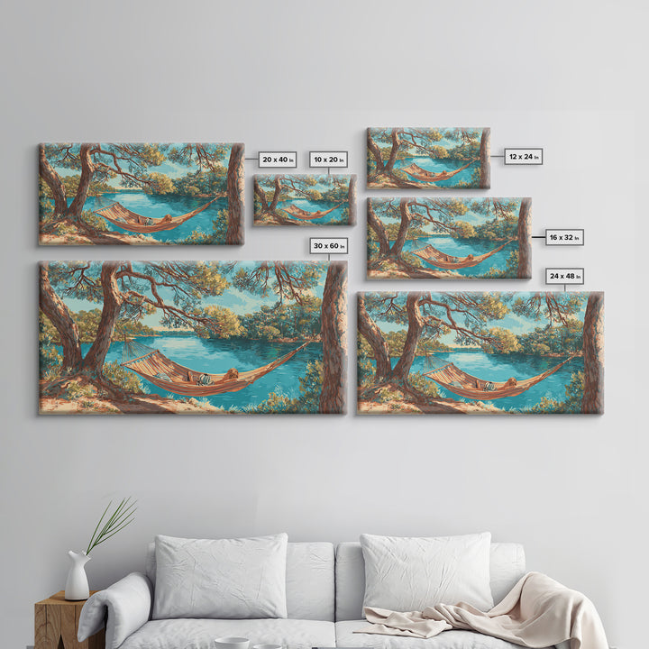 Relaxing Lake Scene With Hammock And Man Reading Wall Art Painting Canvas Print For Tranquil Bedroom Or Living Room Decor