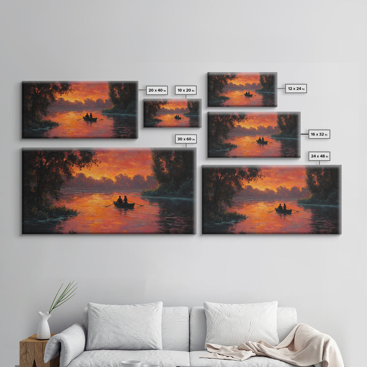 Romantic Couple In Rowboat At Fiery Sunset Lake Scene Oil Painting Wall Art Ideal For Cozy Bedroom Decor Or Rustic Living Room Framed Canvas Print