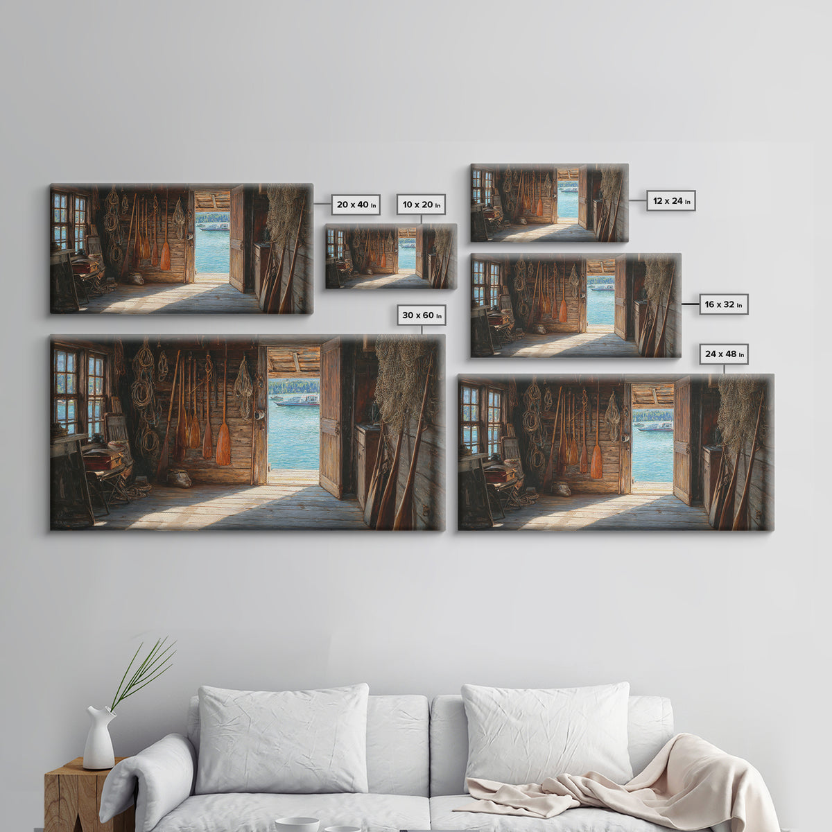 Rustic Fishing Shack Interior With Oars And Nets Oil Painting Wall Art For Coastal And Nautical Home Decor