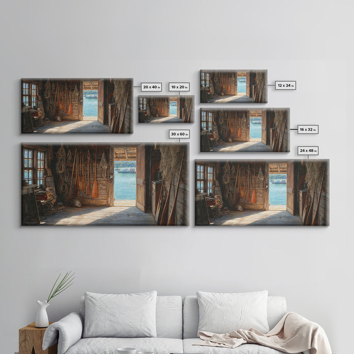 Rustic Fishing Shack Interior With Oars And Nets Oil Painting Wall Art For Coastal And Nautical Home Decor