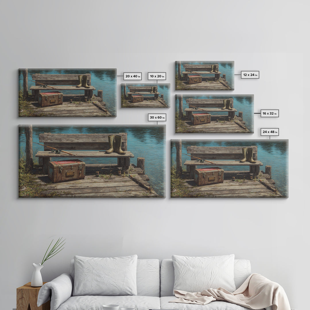 Rustic Fishing Dock With Boots And Rods Oil Painting Rustic Wall Art Framed Canvas Print For Cabin Decor And Nature Lovers