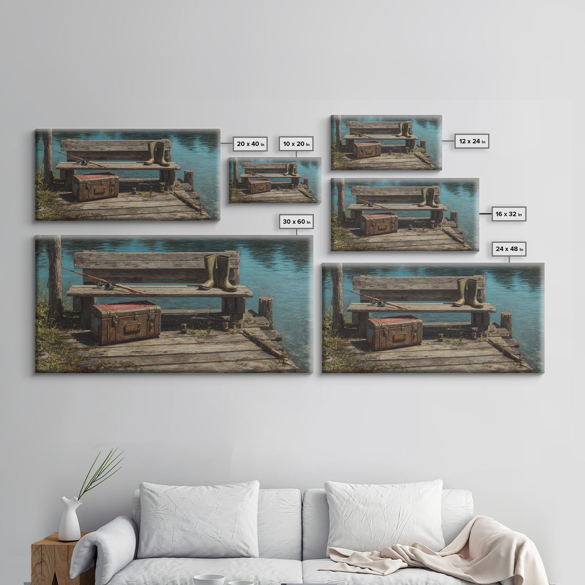 Rustic Fishing Dock With Boots And Rods Oil Painting Rustic Wall Art Framed Canvas Print For Cabin Decor And Nature Lovers