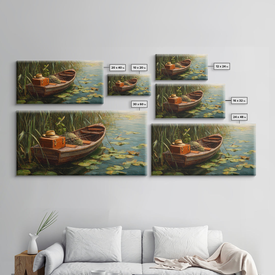 Rustic Lake Sunset Landscape With Adirondack Chairs Oil Painting Framed Canvas Print Wall Art