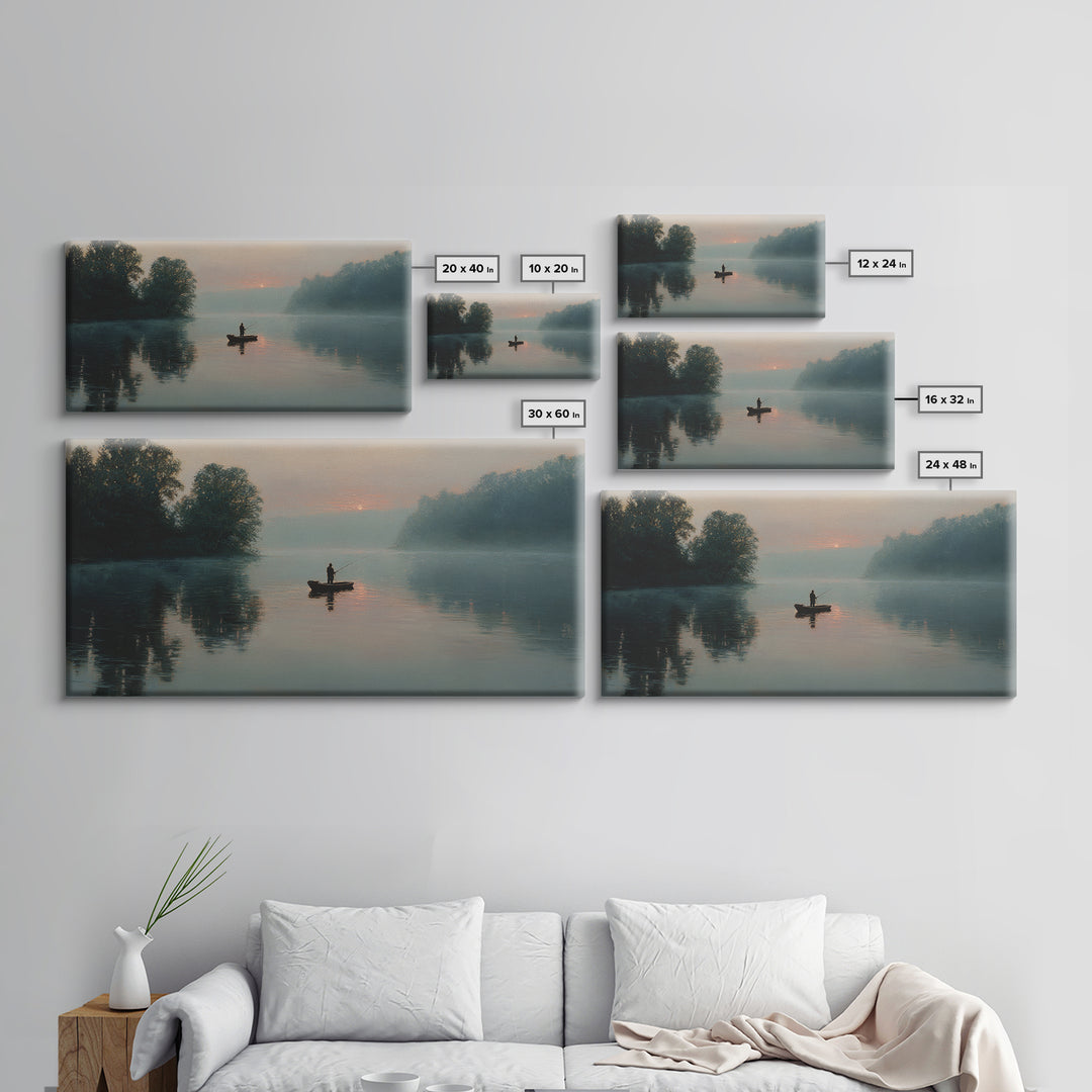 Serene Fisherman In Early Morning Mist Over Glassy River Original Oil Painting Wall Art For Living Room Decor