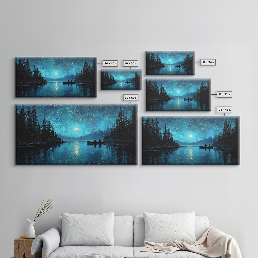 Starry Night Landscape With Canoeists On A Moonlit Lake Original Oil Painting Wall Art