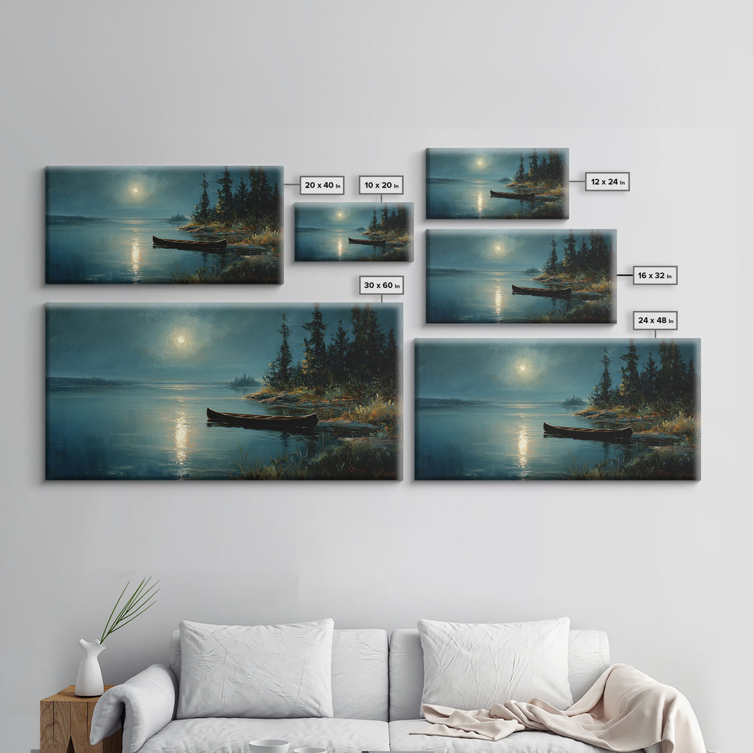 Calm Moonlit Lake Scene With Canoe And Forest Landscape Original Painting Wall Art Canvas Print Home Decor