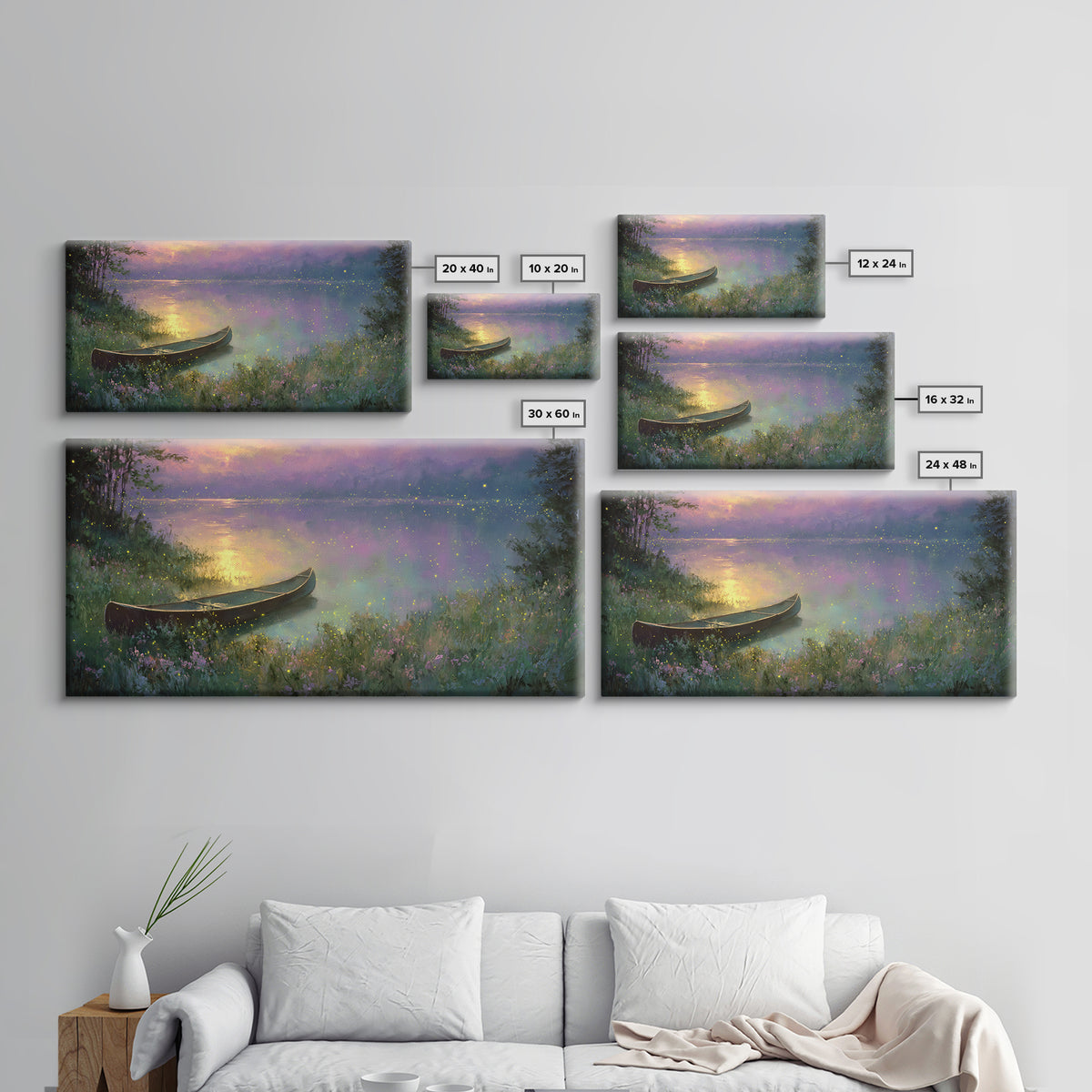 Serene Canoe On Misty Lake With Fireflies At Twilight Framed Canvas Print Tranquil Landscape Wall Art