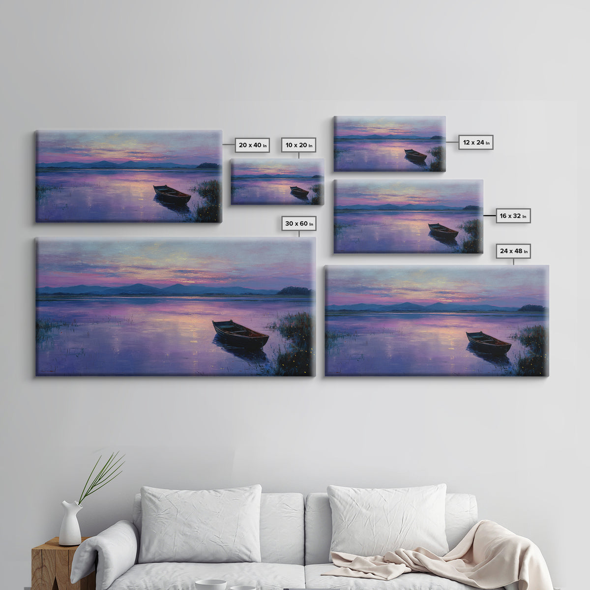 Peaceful Sunrise With Boat On Calm Lake Landscape Painting Large Wall Art For Living Room