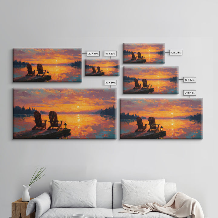 Warm Glowing Sunset With Adirondack Chairs On Lake Dock Tranquil Landscape Oil Painting Wall Art Framed Canvas Print For Cozy Home Decor