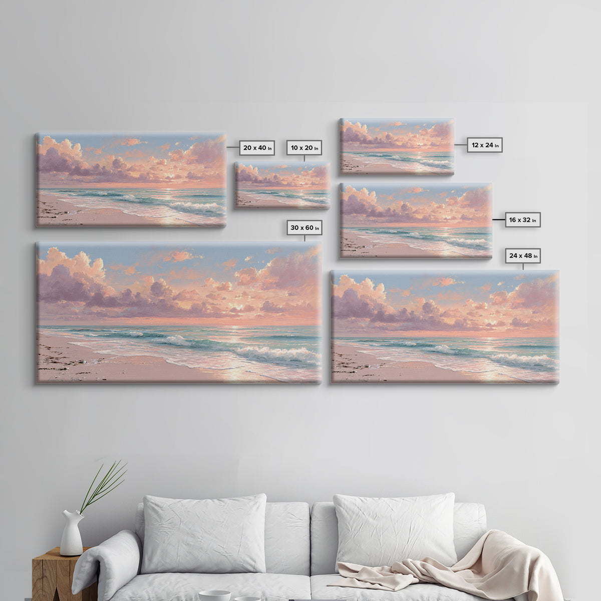 Pink Cloud Beach Sunrise Framed Canvas Print, Coastal Wall Art, Ocean Waves Seascape, Beach House Decor, Living Room Decor