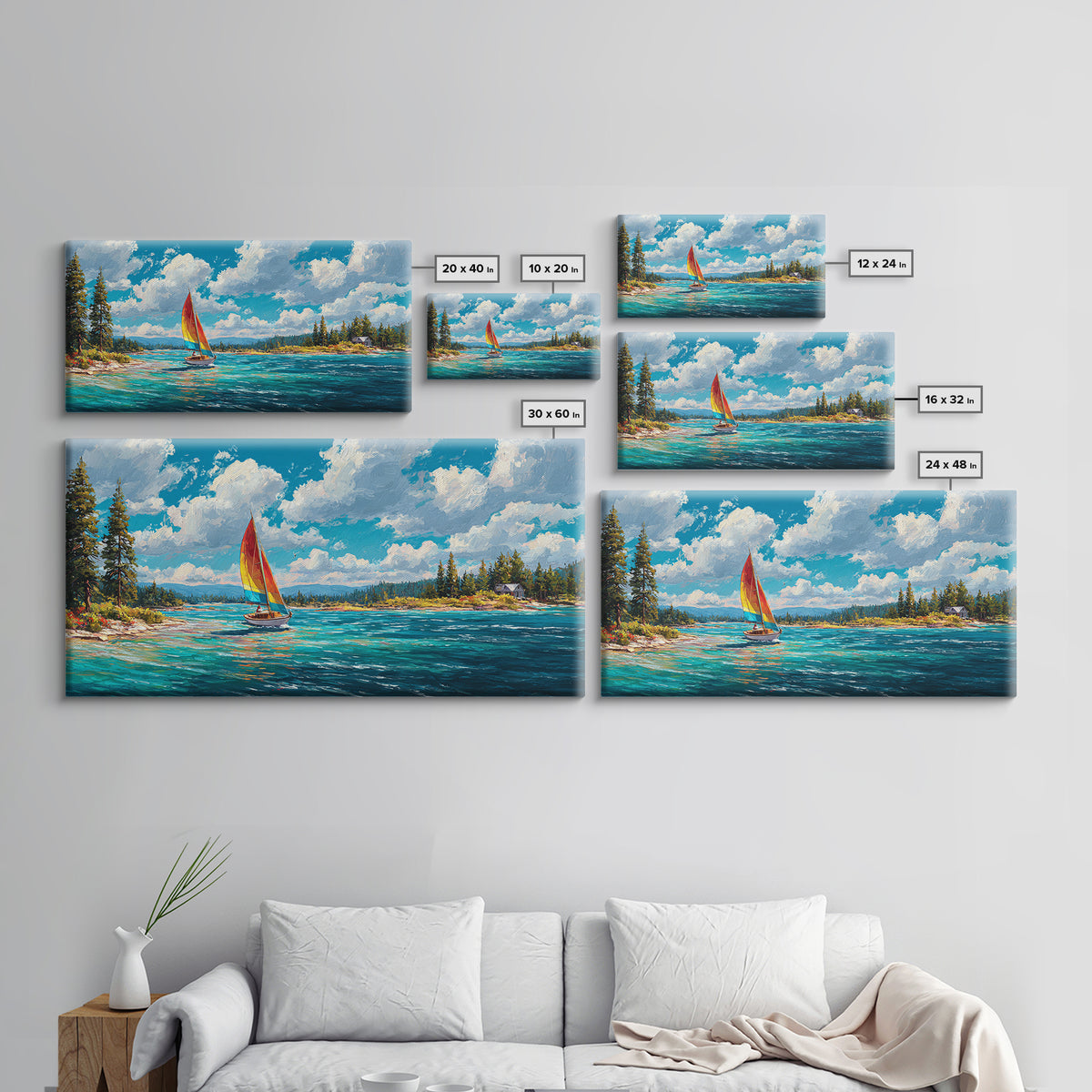 Vibrant Abstract Coastal Scene Sailing Boat Oil Painting Canvas Print Wall Art Beach Home Decor Large Wall Art Bright Wall Decoration