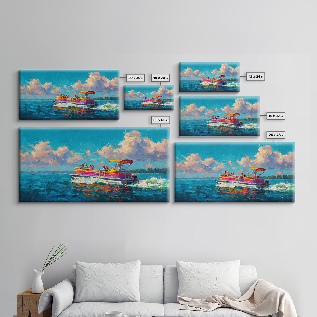 Vibrant Party Boat At Sea With Cheerful Passengers At Sunset Wall Art Framed Canvas Print Bright Colorful Coastal Decor