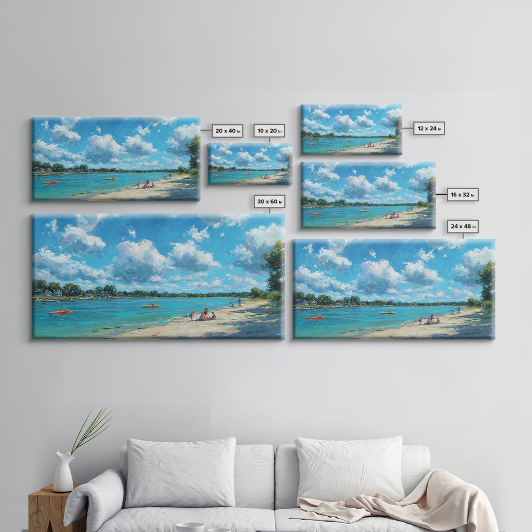 Beautiful Vibrant Oil Painting Of Lake Scene With Kayakers And Blue Sky Canvas Print Large Wall Art Home Decor Living Room Wall Art