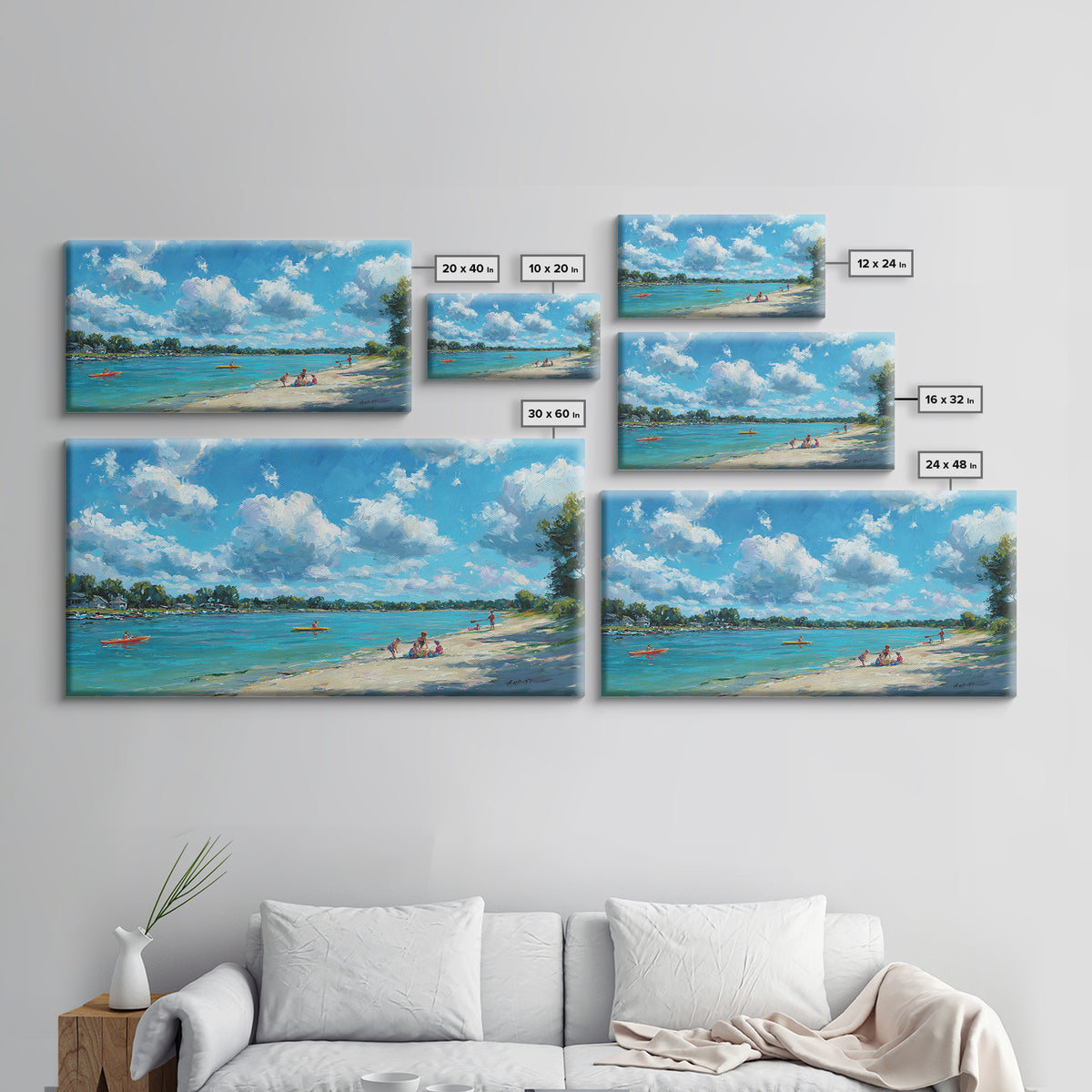 Beautiful Vibrant Oil Painting Of Lake Scene With Kayakers And Blue Sky Canvas Print Large Wall Art Home Decor Living Room Wall Art