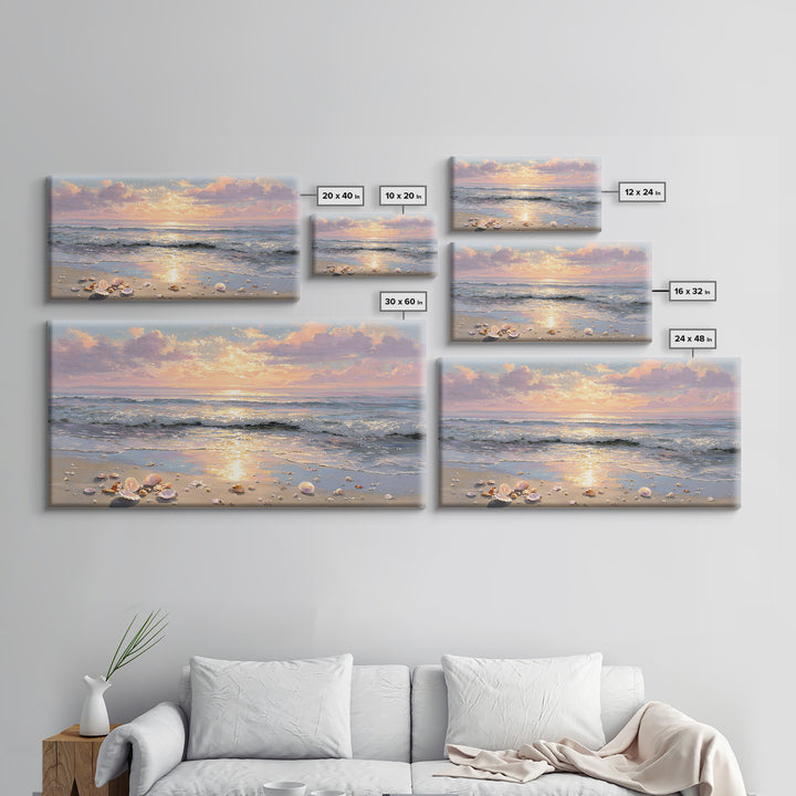 Glowing Seashell Ocean Sunrise Canvas Print, Coastal Wall Art, Beach House Decor, Nautical Seascape, Gift For Her, Living Room Art
