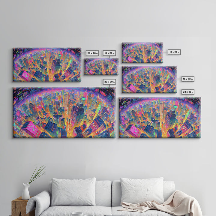 Vibrant Cityscape At Night With Neon Lights Wall Art Framed Canvas Print Modern Urban Wall Decor