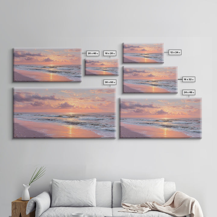 Pink Sunset Ocean Waves Wall Art, Romantic Coastal Decor, Beach House Seascape Canvas, Large Living Room Wall Art, Gift For Her