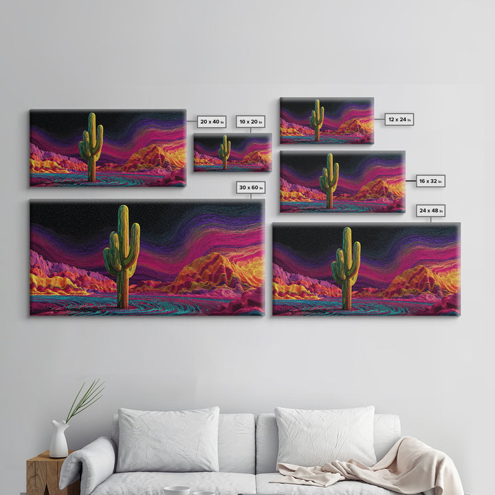 Surreal Abstract Cactus Landscape With Neon Colorful Sky And Textured Brushstrokes Canvas Print Modern Wall Art For Living Room