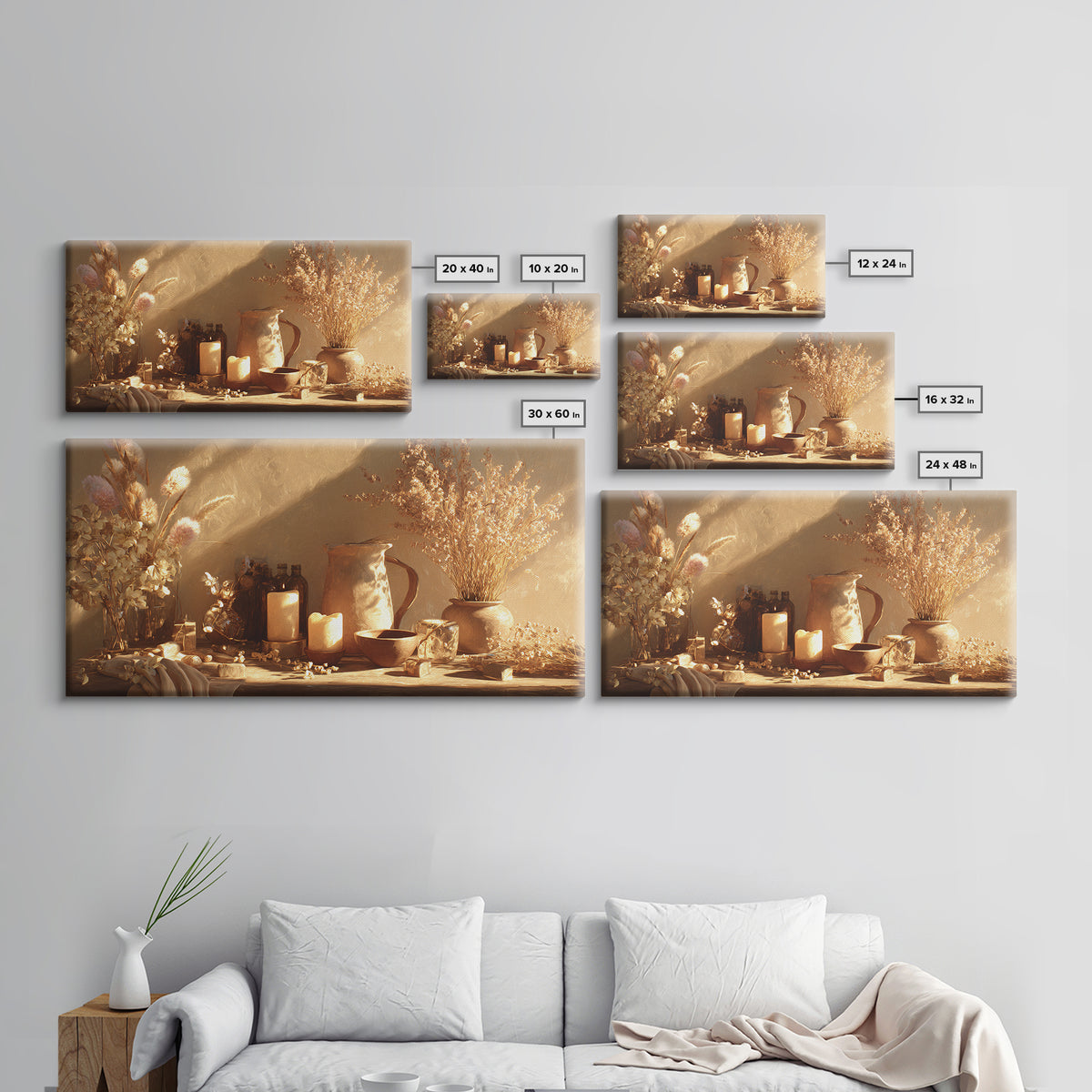 Golden Candle Dried Flower Still Life Wall Art, Neutral Wabi Sabi Decor, Rustic Home Decor, Cozy Framed Canvas Print, Gift