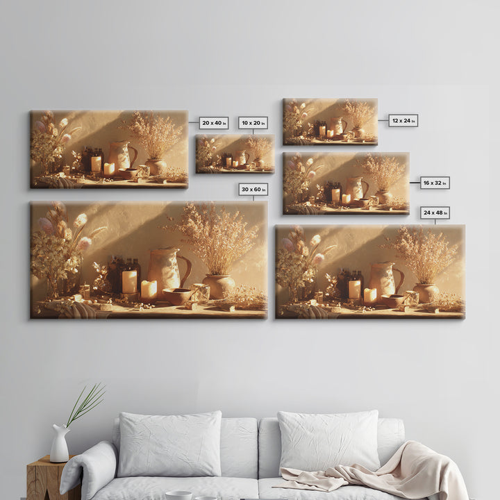 Golden Candle Dried Flower Still Life Wall Art, Neutral Wabi Sabi Decor, Rustic Home Decor, Cozy Framed Canvas Print, Gift