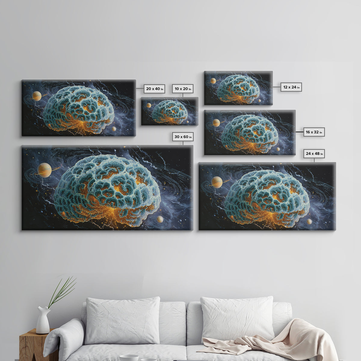 Surreal Cosmic Brain With Orbiting Planets And Vibrant Details Abstract Digital Wall Art Framed Canvas Print For Modern Home Decor