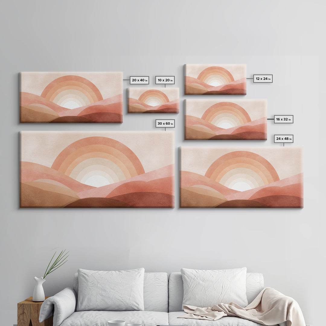 Terracotta Sunrise Over Abstract Desert Hills Wall Art, Boho Rainbow Landscape Print, Earth Tone Decor, Warm Minimalist Canvas