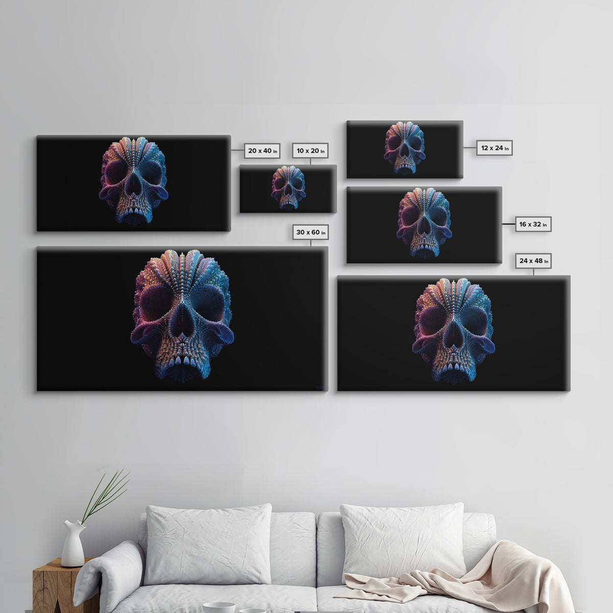 3D Digital Art Skull Sculpture In Moody Blue And Purple Tones Dark Abstract Wall Art Canvas Print For Gothic Home Decor