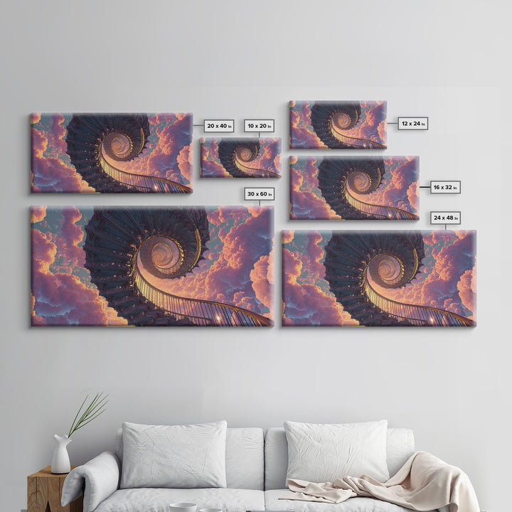 Surreal Spiral Staircase To Sunset Sky With Warm Clouds Canvas Print Dreamy Wall Art For Home Decor