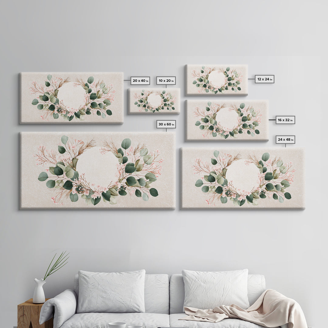 Eucalyptus Floral Wreath Wall Art, Botanical Greenery Print, Neutral Boho Home Decor, Living Room Above Bed Horizontal Canvas
