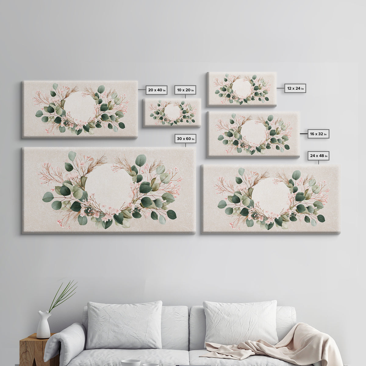 Eucalyptus Floral Wreath Wall Art, Botanical Greenery Print, Neutral Boho Home Decor, Living Room Above Bed Horizontal Canvas