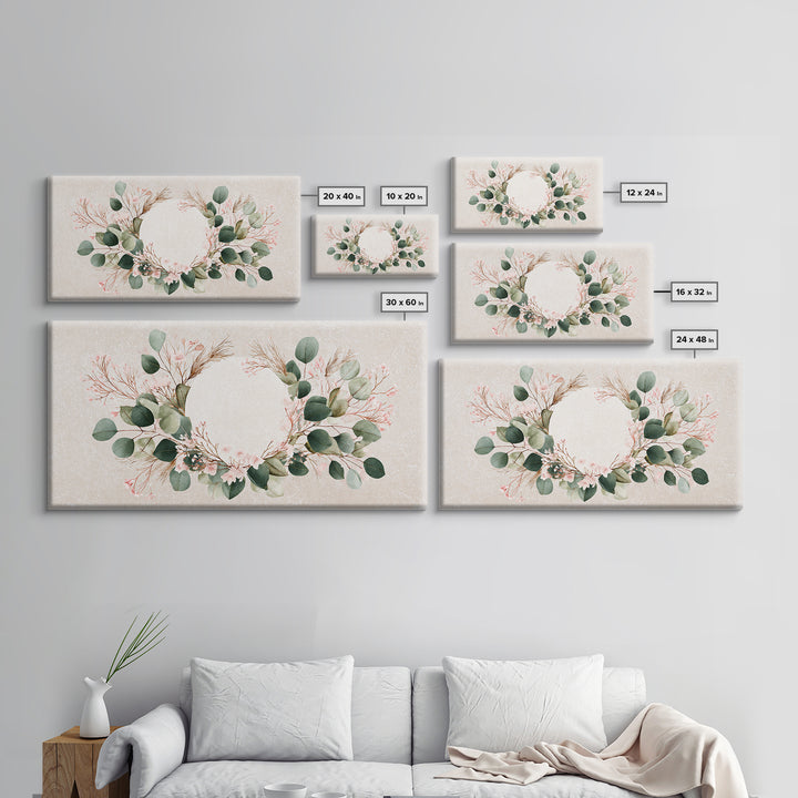 Eucalyptus Floral Wreath Wall Art, Botanical Greenery Print, Neutral Boho Home Decor, Living Room Above Bed Horizontal Canvas