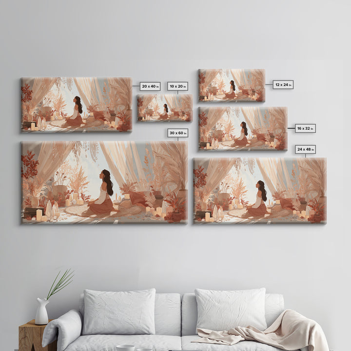 Sunlit Boho Meditation Room With Woman And Crystals Canvas Print, Spiritual Yoga Decor, Serene Feminine Wall Art Gift For Her