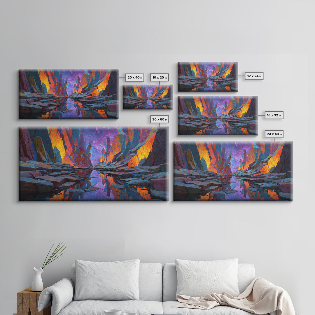 Vibrant Surreal Landscape With Fiery Rock Formations Reflected In Water Large Wall Art Framed Canvas Print