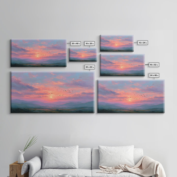 Pink Sunset Mountain Valley Landscape Canvas Print, Misty Nature Wall Art, Large Living Room Decor, Peaceful Housewarming Gift