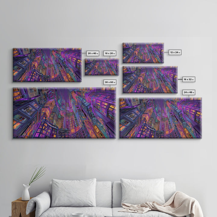 Vibrant Neon Cityscape With Tall Skyscrapers Artistic Wall Art Print, Colorful Urban Home Decor, Modern Framed Canvas Print