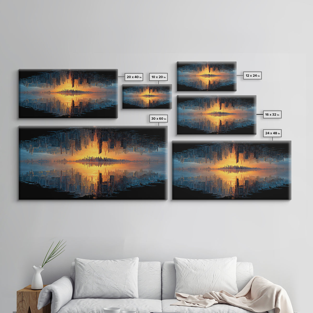 Abstract Cityscape Digital Painting Featuring Inverted Skyline And Sunset Reflection, Canvas Print For Modern Wall Art And Home Decor