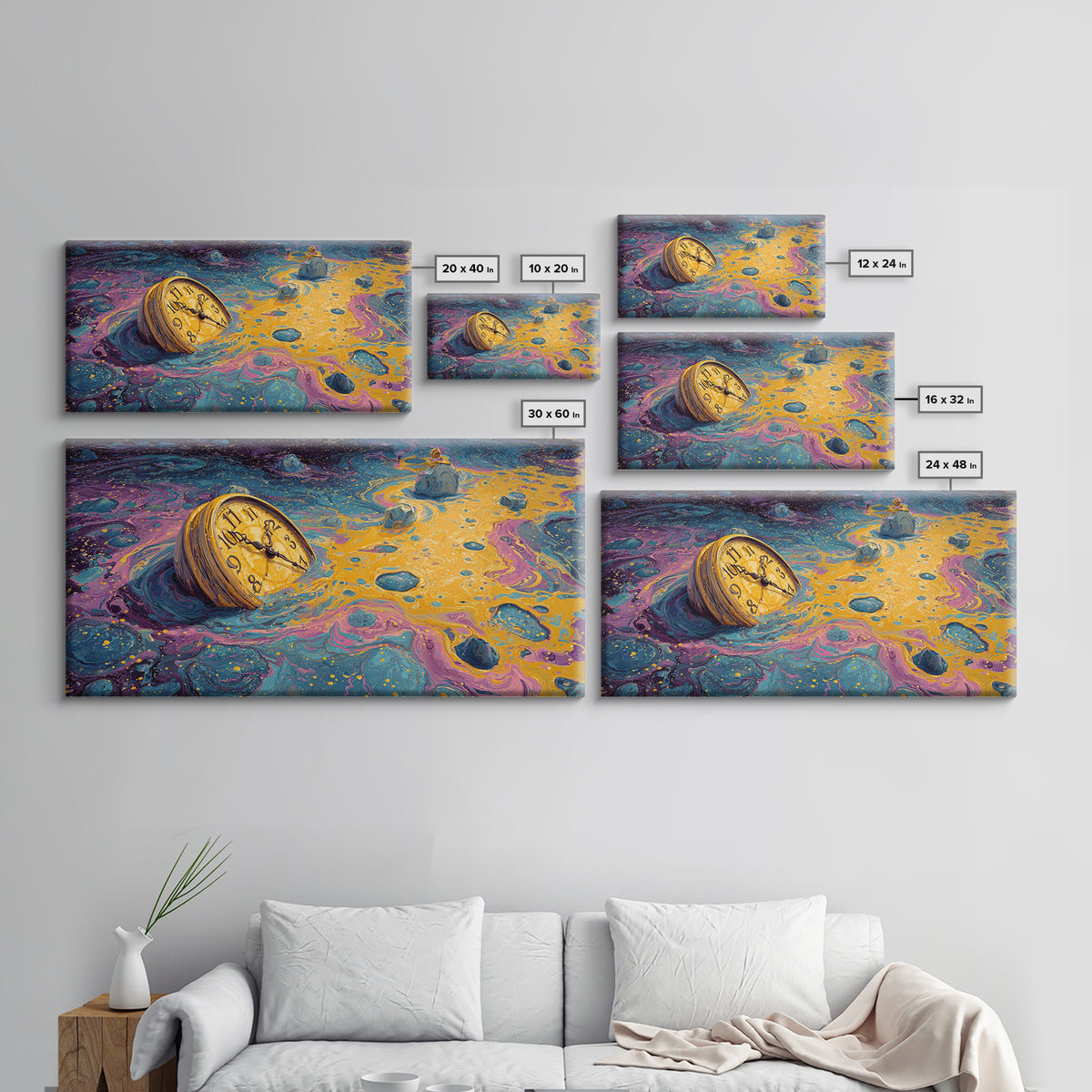 Surreal Abstract Time Melting Clock In Vibrant Blue And Gold Swirling Colors Contemporary Wall Art Printed Canvas Print