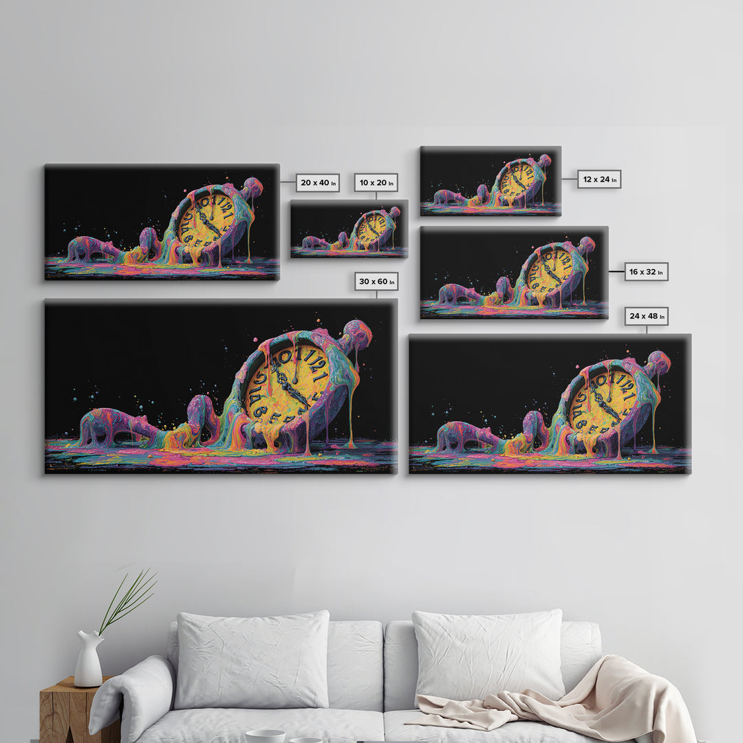 Melting Colorful Clock Surreal Wall Art Framed Canvas Print Abstract Art Home Decor Unique Gift