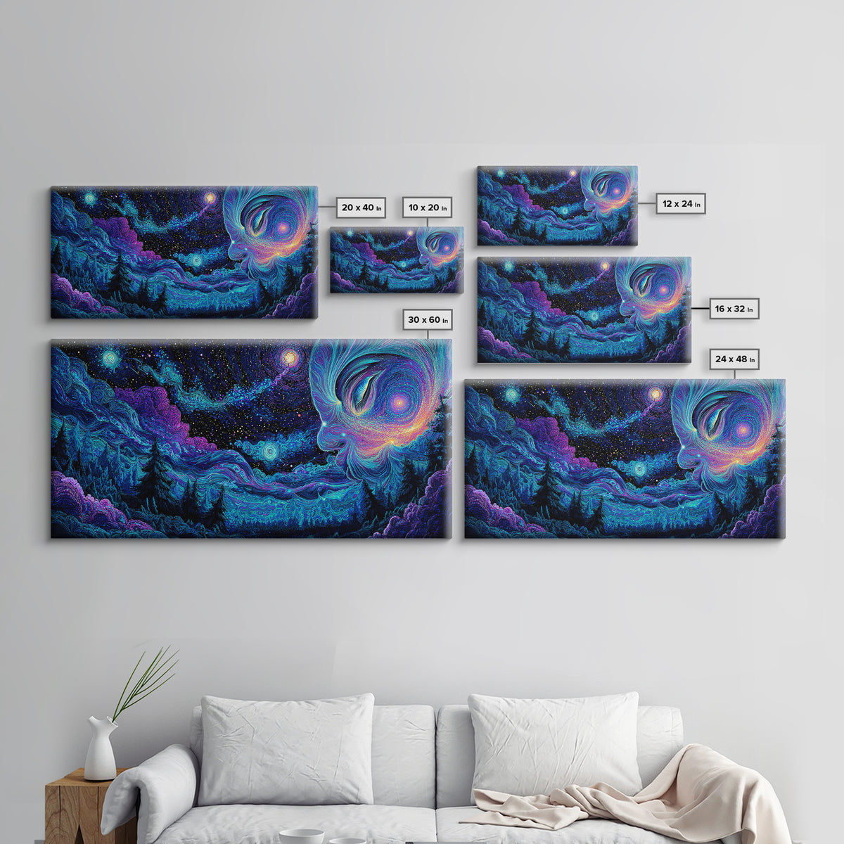 Enchanting Cosmic Blue Night Sky With Celestial Woman Figure Painting, Mystical Wall Art, Canvas Print For Spiritual and Meditation Decor