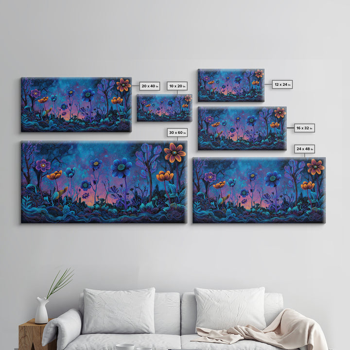 Whimsical Blue And Purple Flowers Digital Painting Vibrant Floral Wall Art Framed Canvas Print For Bedroom Or Living Room Decor