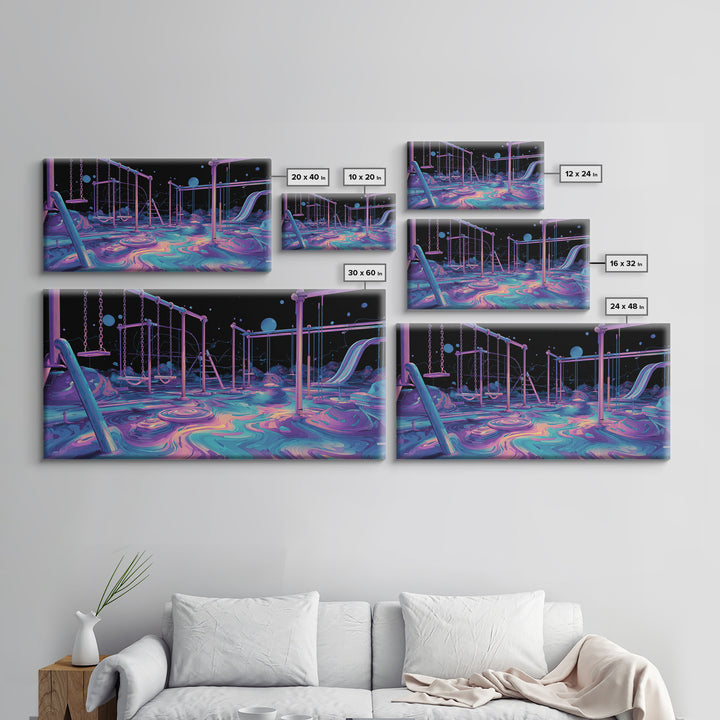 Surreal Neon Playground Illustration With Glowing Elements Wall Art Print, Vibrant Kids Room Decor, Modern Canvas Print