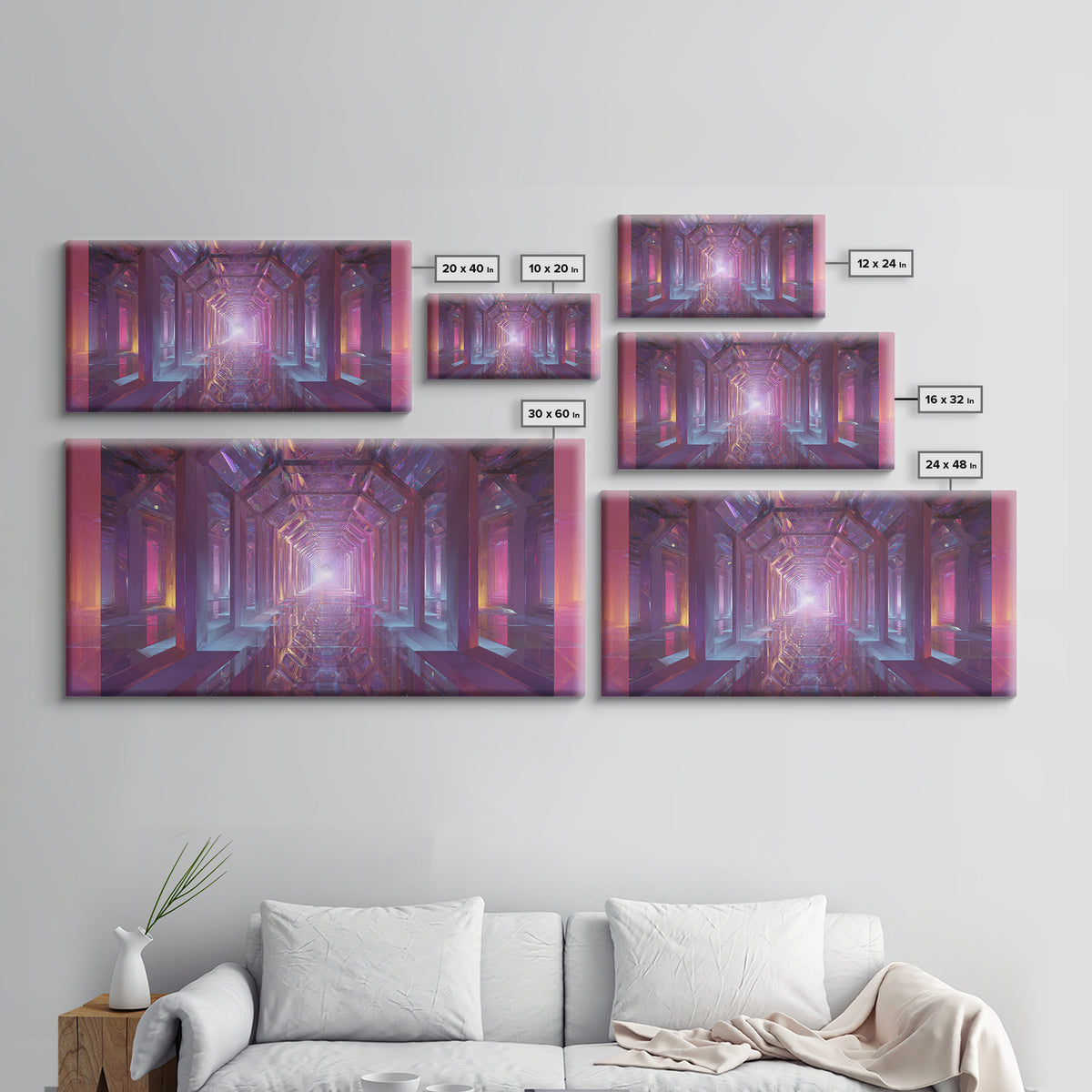Futuristic Abstract Tunnel With Neon Lights And Mirrors Surreal Digital Art Wall Art Canvas Print